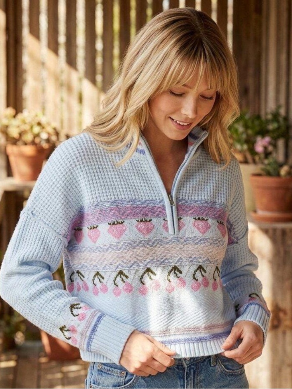 Sugar Moon Blue Strawberries Cherries Cropped Half Zip Mock Neck Waffle Knit XL